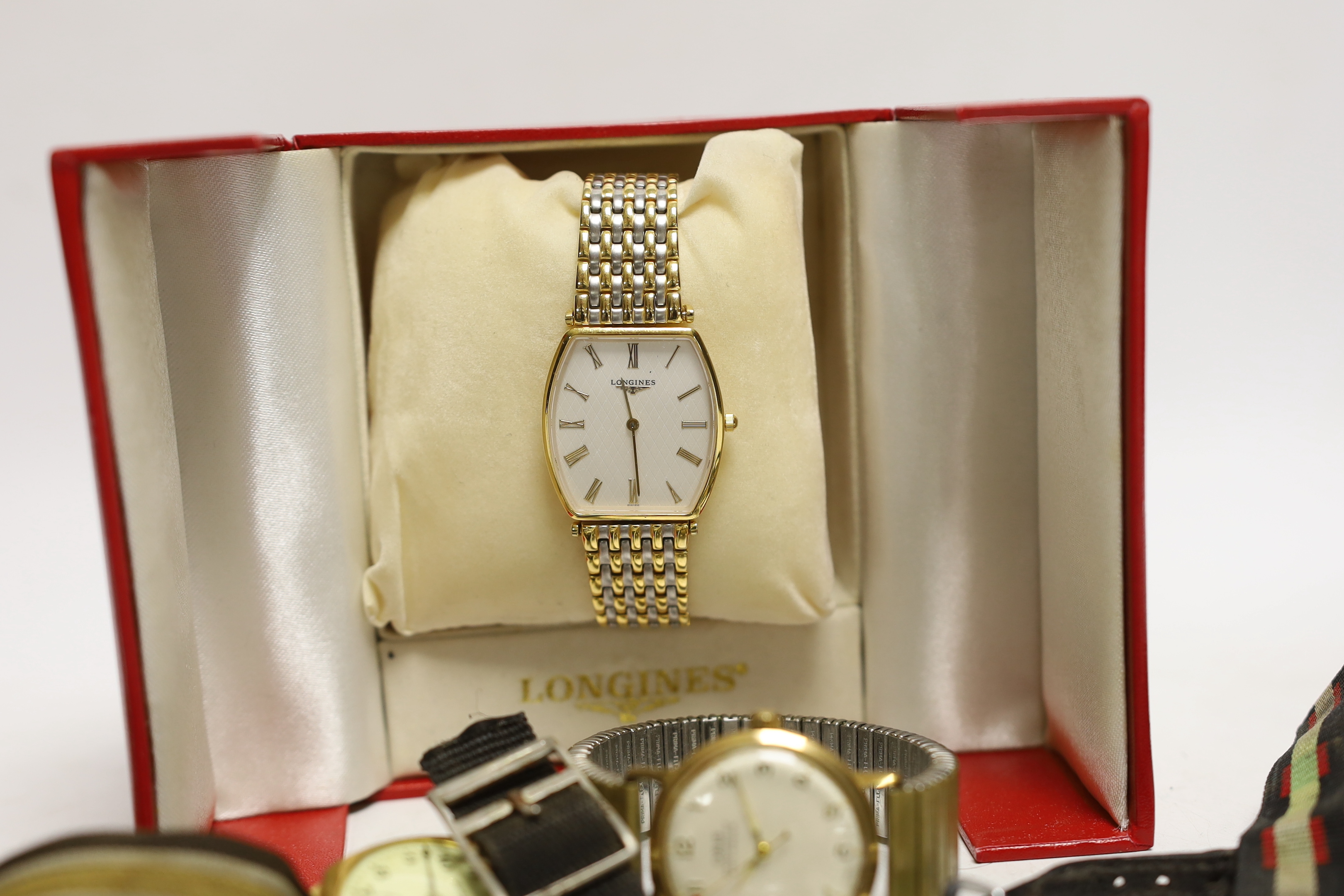 A gentleman's steel and gold plated Longines quartz wrist watch, with box, a lady's steel Jaeger LeCoultre manual wind wrist watch and eight other assorted gentleman's wrist watches including Ingersoll, Accurist and Oris